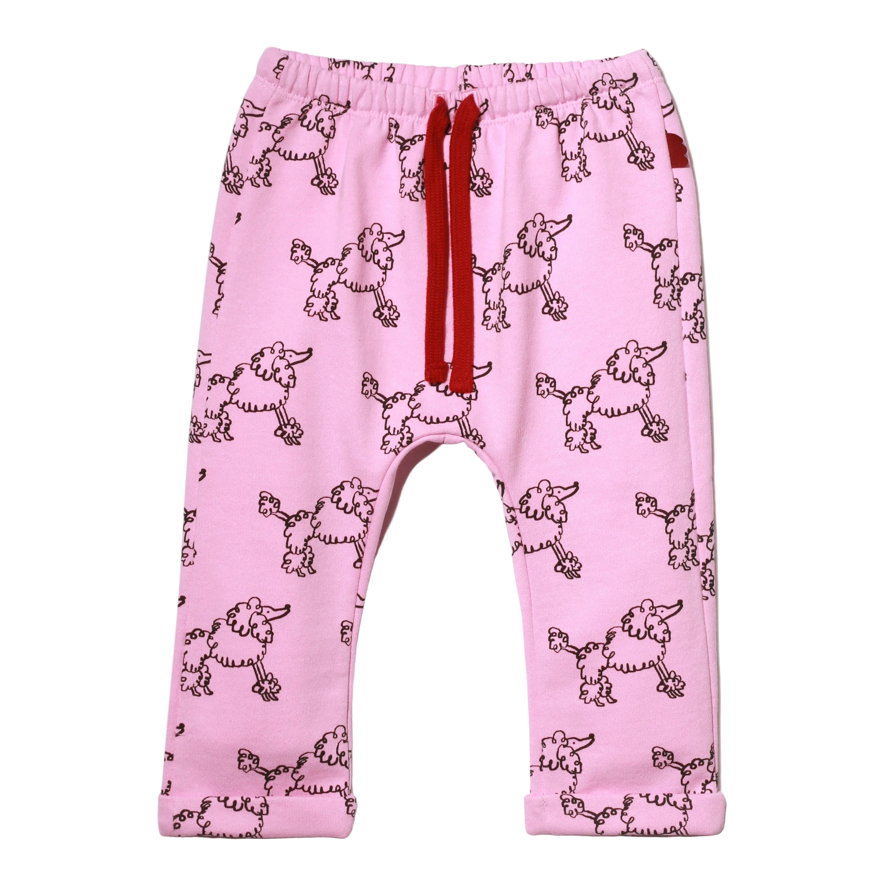 Mon Coeur Coco Baby Harem Pant in recycled cotton with poodle print design — front view