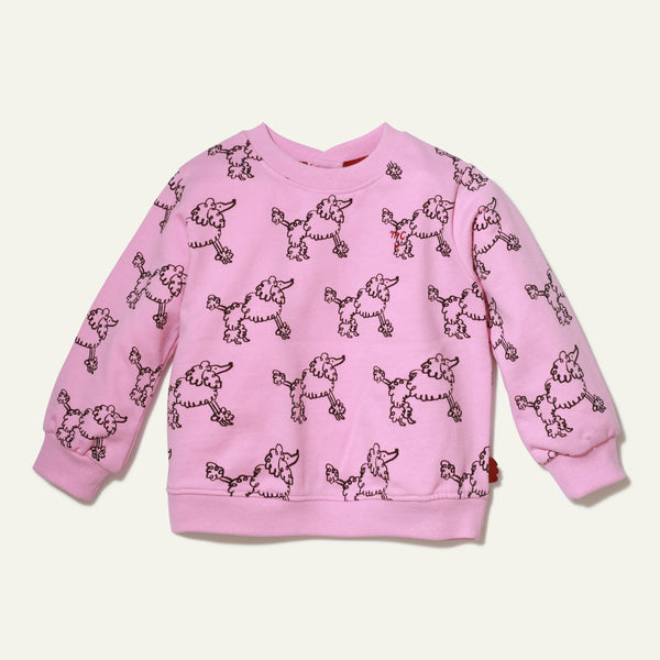 Mon Coeur Coco Baby Sweatshirt in recycled cotton fleece with pink poodle print – front view