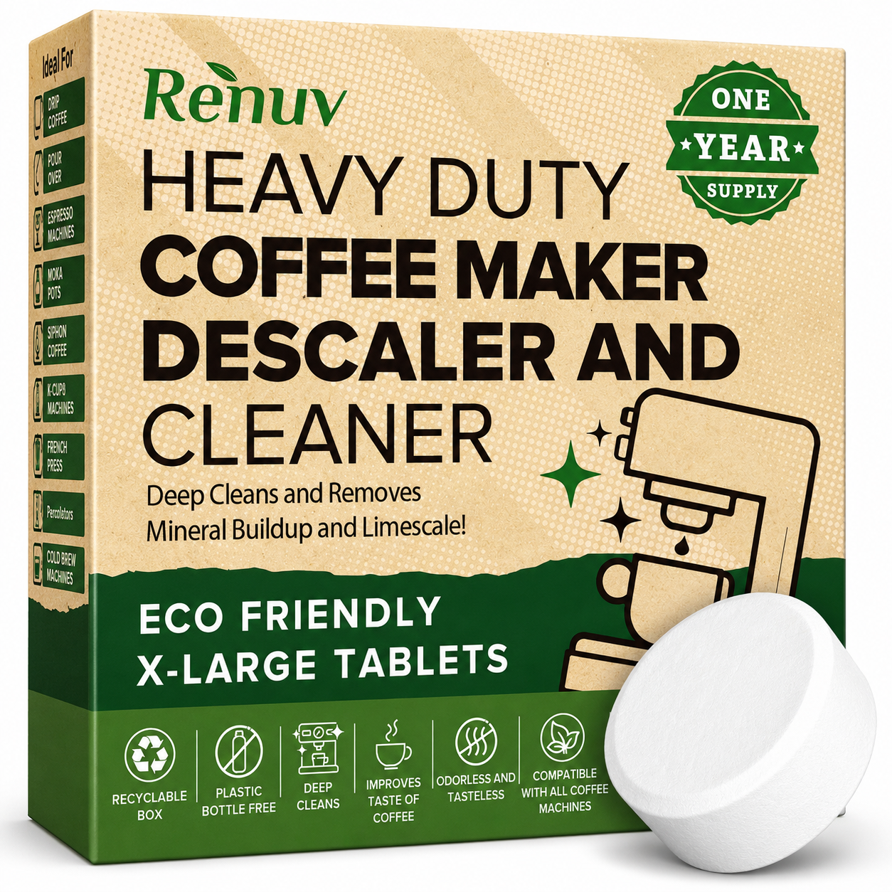 Renuv Coffee Maker Cleaner & Descaler Tablets – 12 Uses