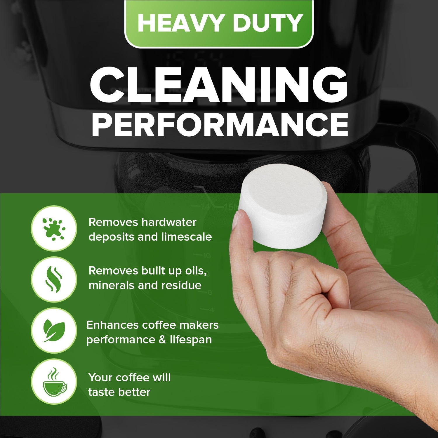 Renuv descaler tablets removing limescale and mineral build-up from coffee maker