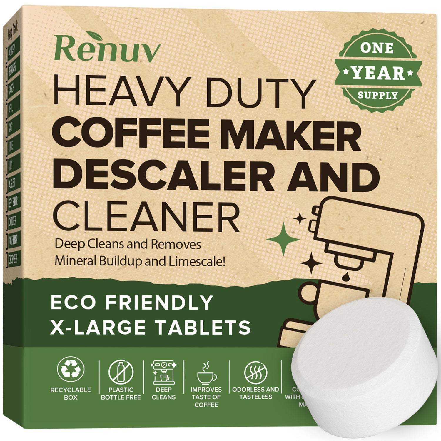 Renuv Coffee Maker Cleaner and Descaler Tablets for single cup and espresso machines