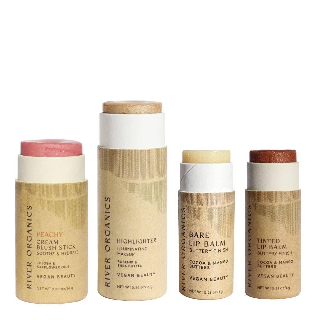 Light Peachy makeup color set by River Organics with blush stick, highlighter and lip balms