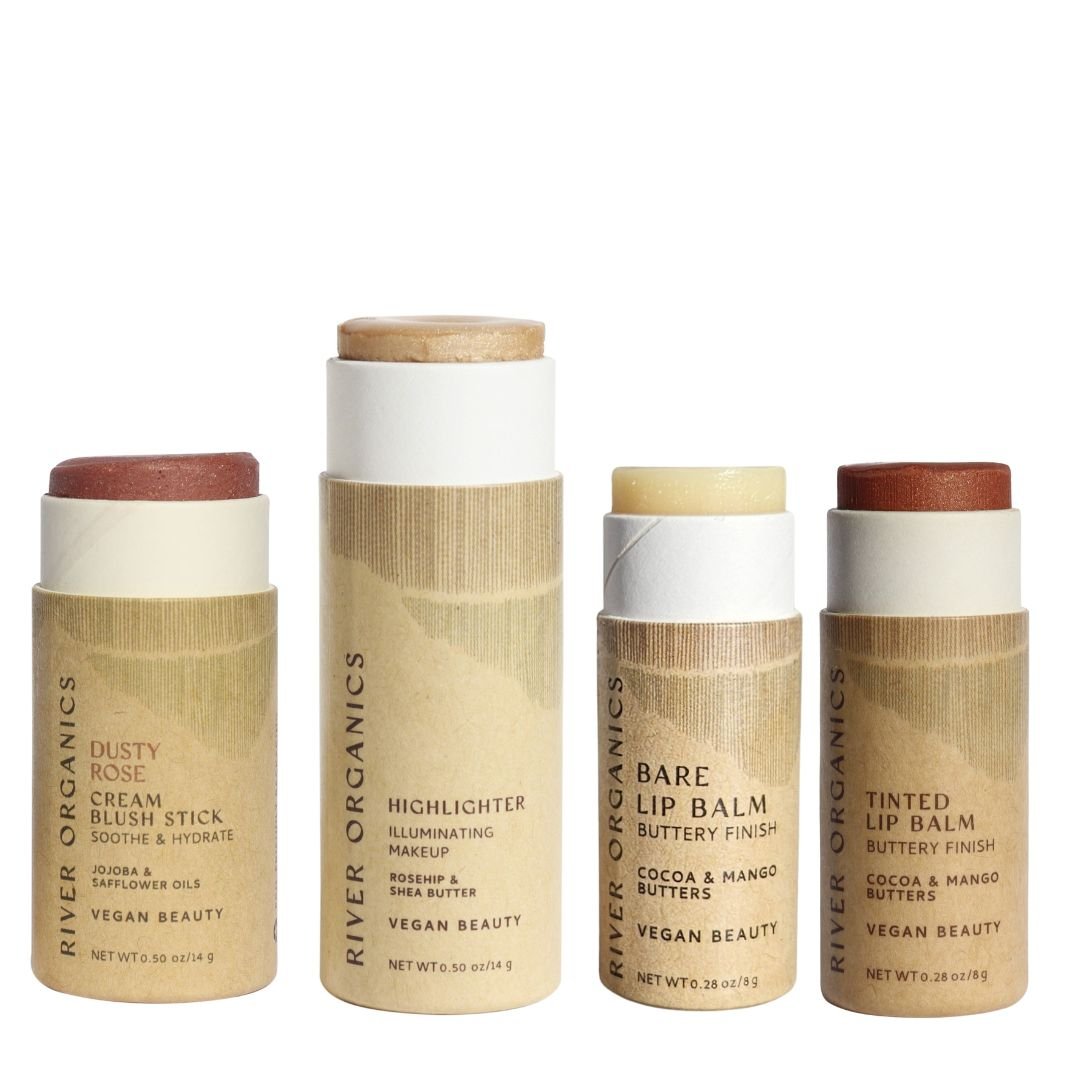 Nude Tones makeup color set by River Organics with dusty rose blush, highlighter and nude lip balm
