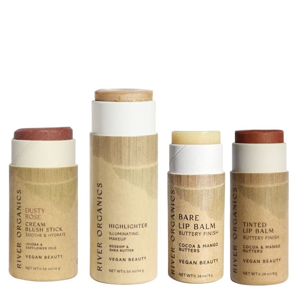 Nude Tones makeup color set by River Organics with dusty rose blush, highlighter and nude lip balm