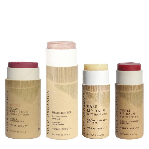 Soft Pinks makeup color set by River Organics with pink blush, rose quartz highlighter and lip balms