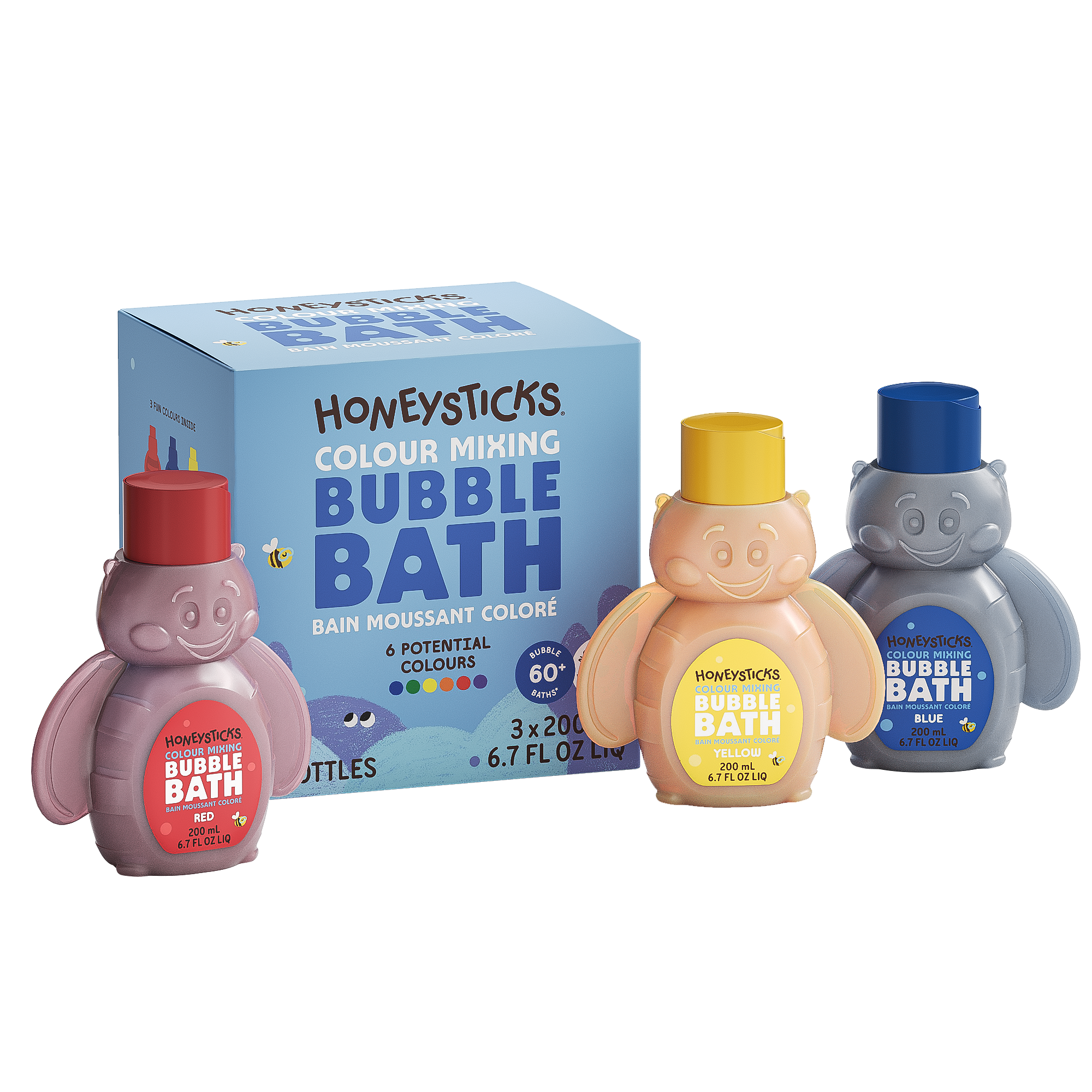 Honeysticks Color Mixing Bubble Bath 3-pack with red, yellow, and blue bee-shaped bottles in recyclable cardboard packaging