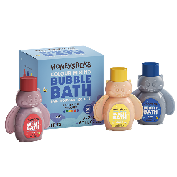 Honeysticks Color Mixing Bubble Bath 3-pack with red, yellow, and blue bee-shaped bottles in recyclable cardboard packaging