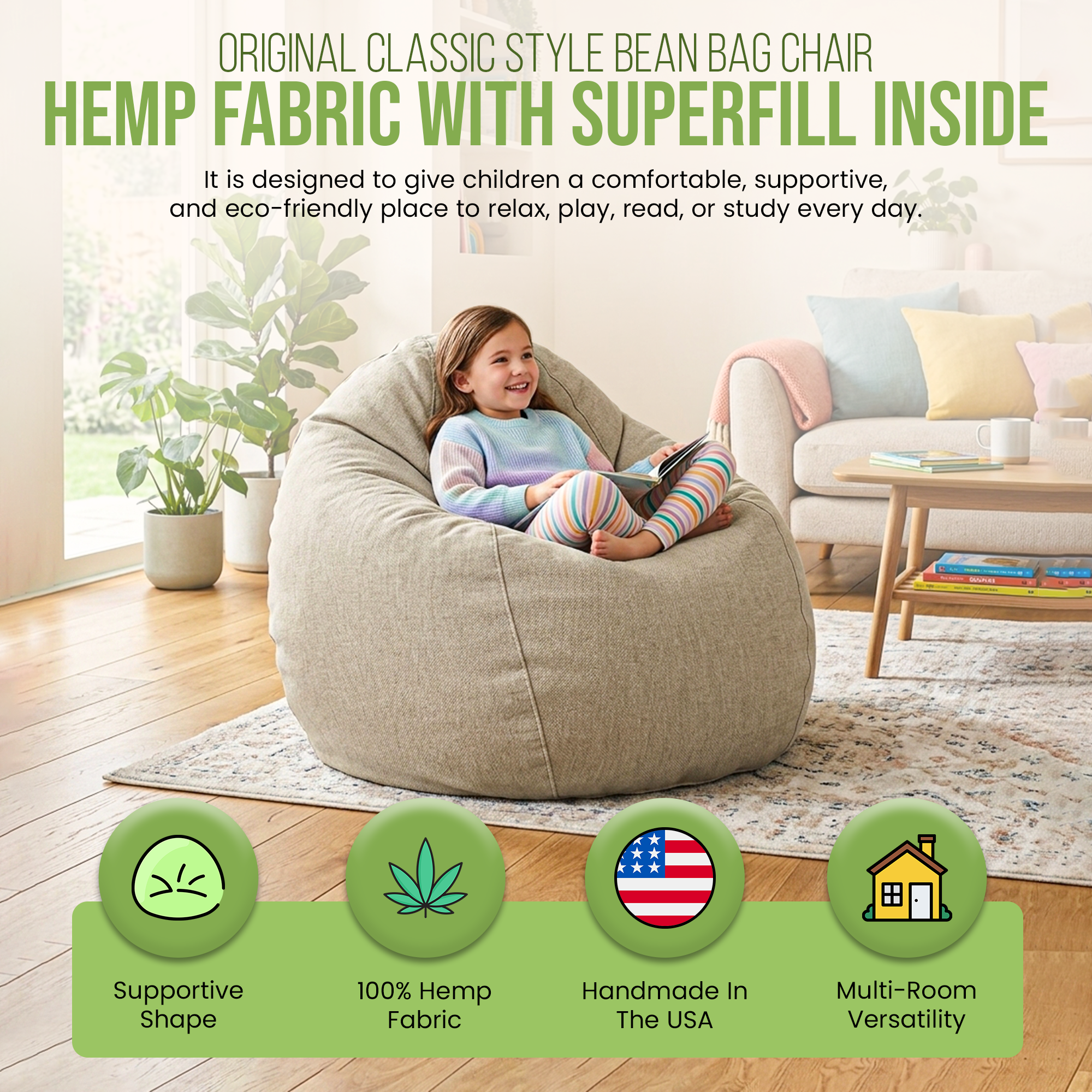 Organic hemp bean bag chair for adults in natural canvas fabric — Clozist