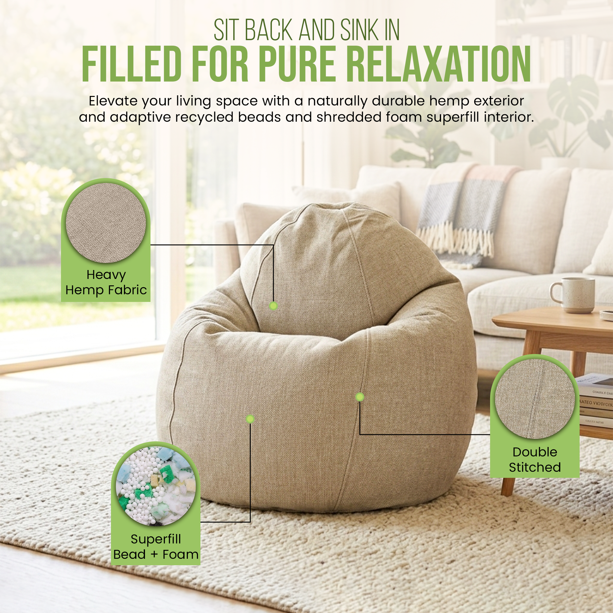 Adult-sized hemp canvas bean bag lounger with classic 6-panel design — Made in USA