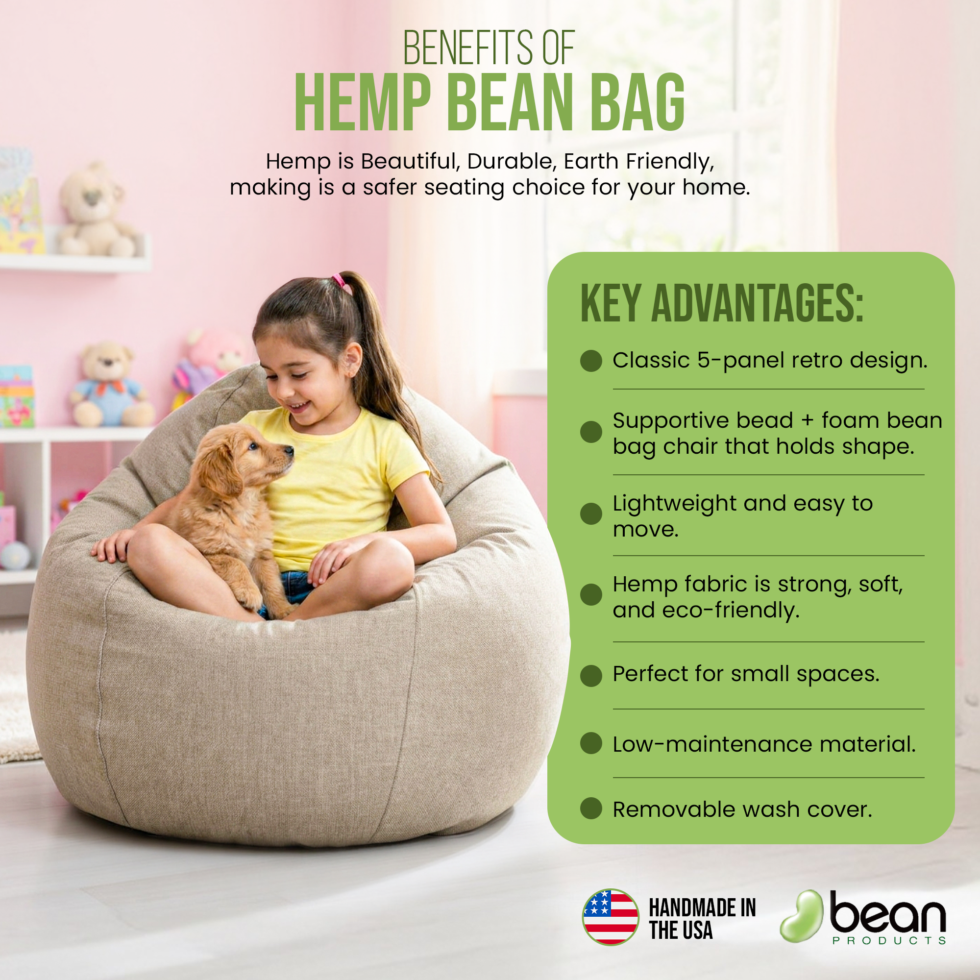 Eco-friendly hemp bean bag chair for teens and adults with removable washable cover