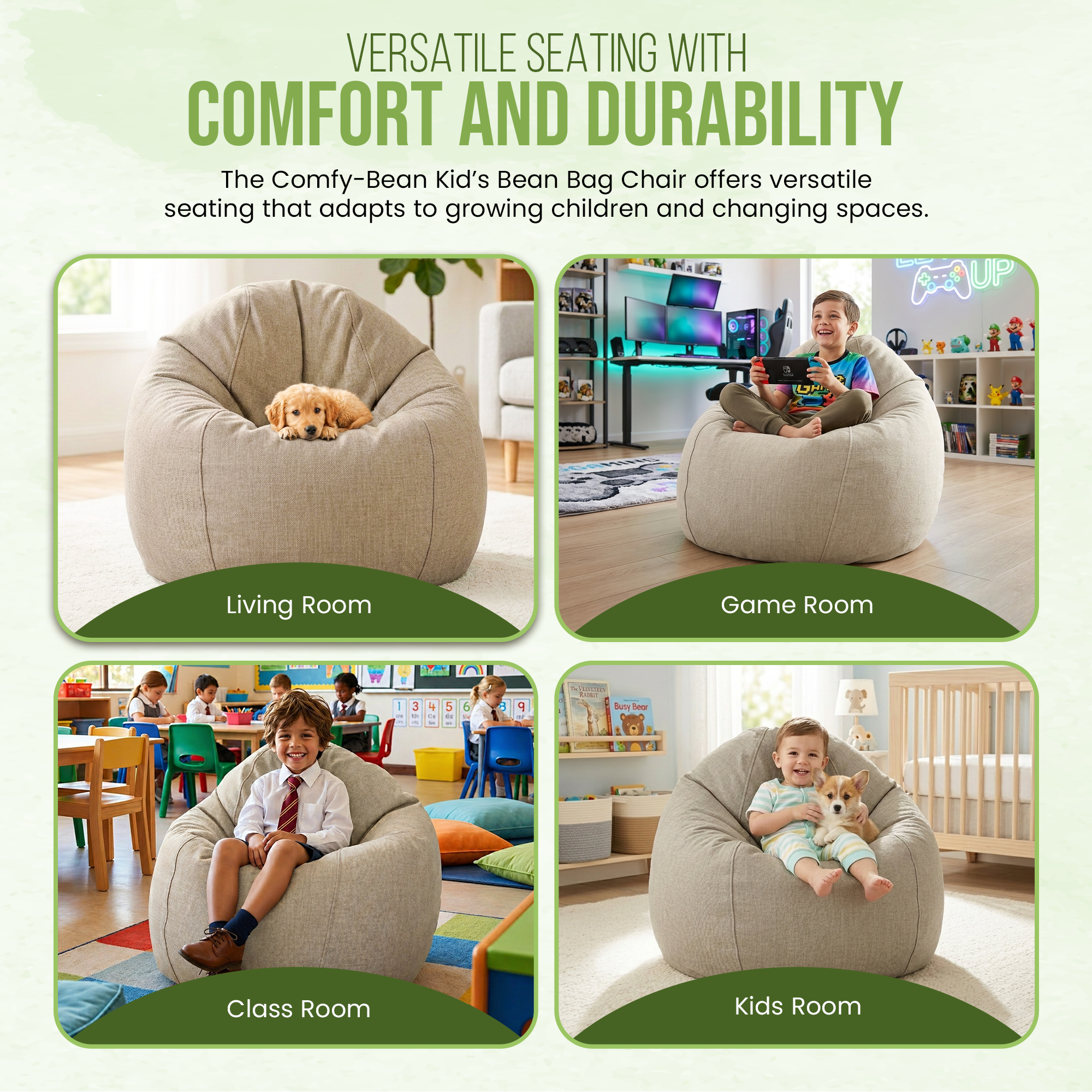 Bean bag chair in various settings with text highlighting comfort and durability.