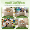 Bean bag chair in various settings with text highlighting comfort and durability.