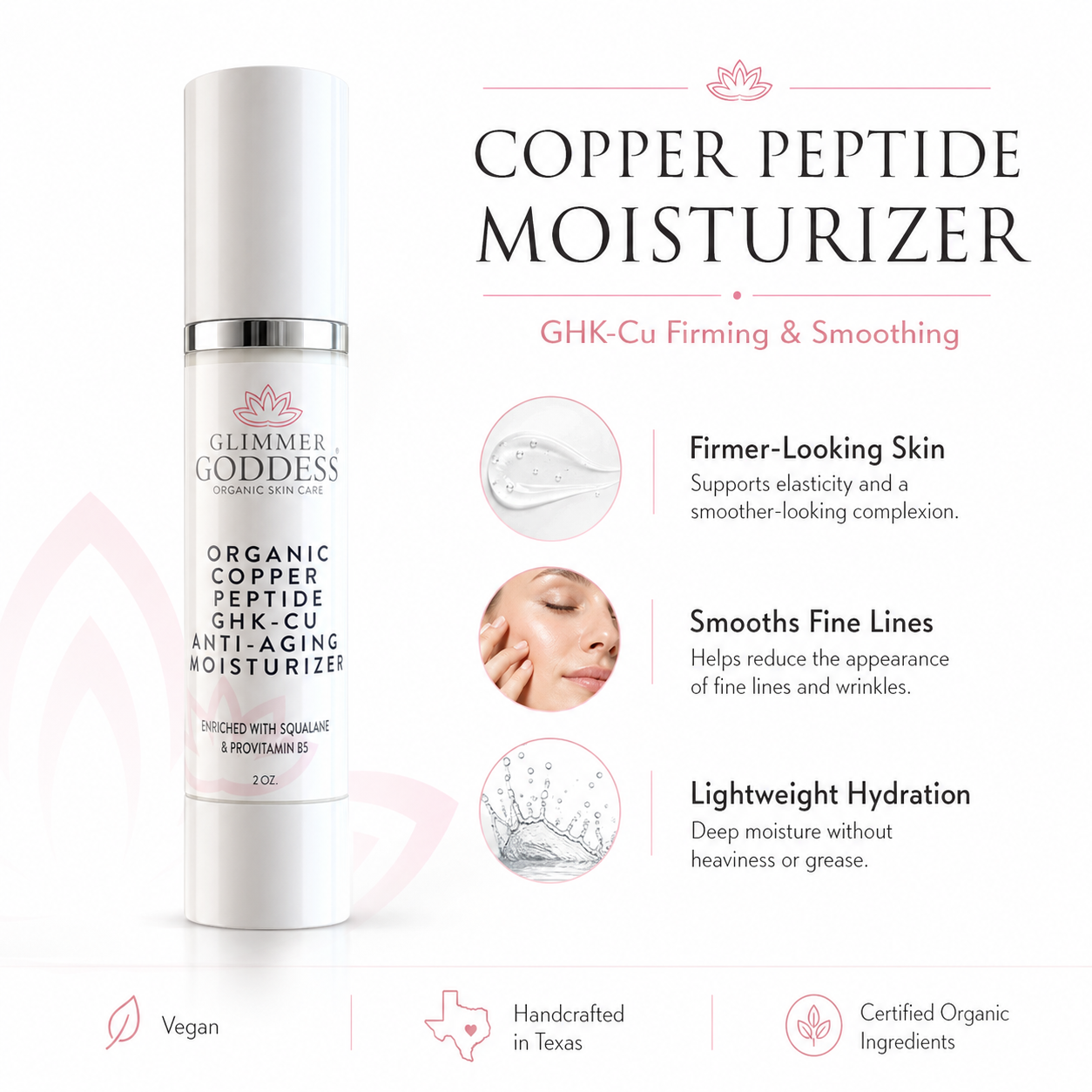 Glimmer Goddess Organic Copper Peptide Moisturizer jar with GHK-Cu formula, handcrafted in Texas