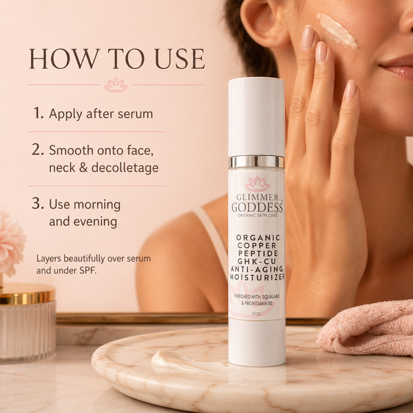 Lightweight copper peptide moisturizer texture being applied to glowing, firm skin