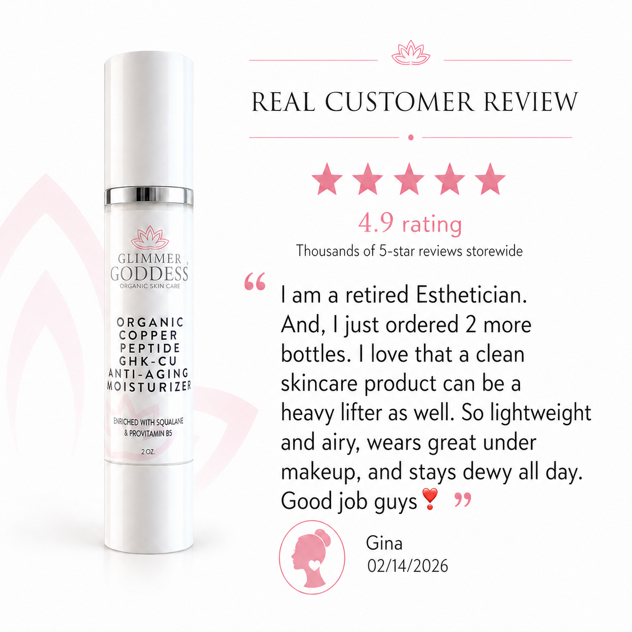 Organic GHK-Cu firming moisturizer by Glimmer Goddess showing full product label and packaging