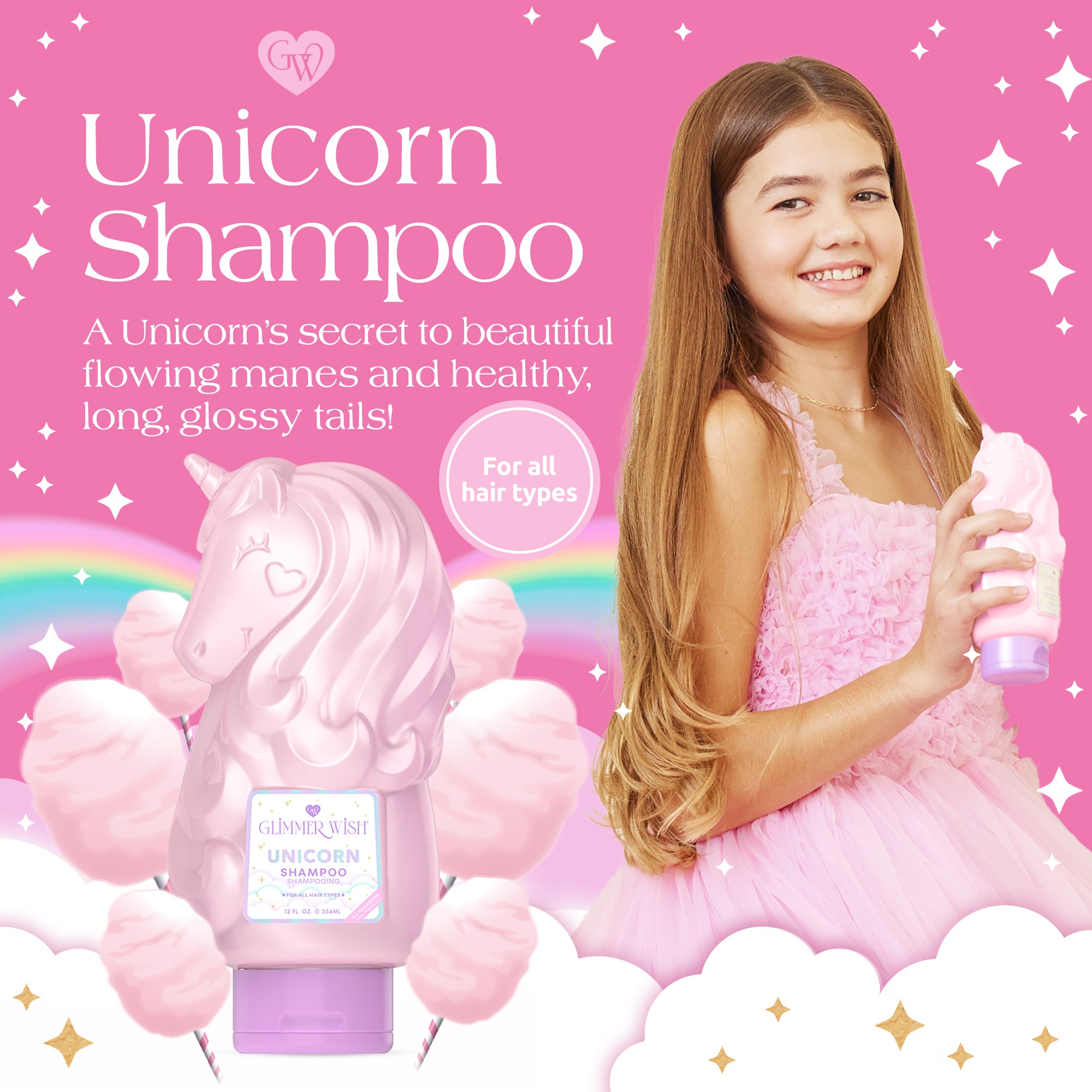 Infographic showing key benefits and botanical ingredients of Glimmer Wish Unicorn Shampoo