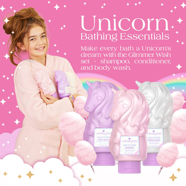 Infographic showing ingredient benefits in the Unicorn Shampoo, Conditioner, and Body Wash bundle