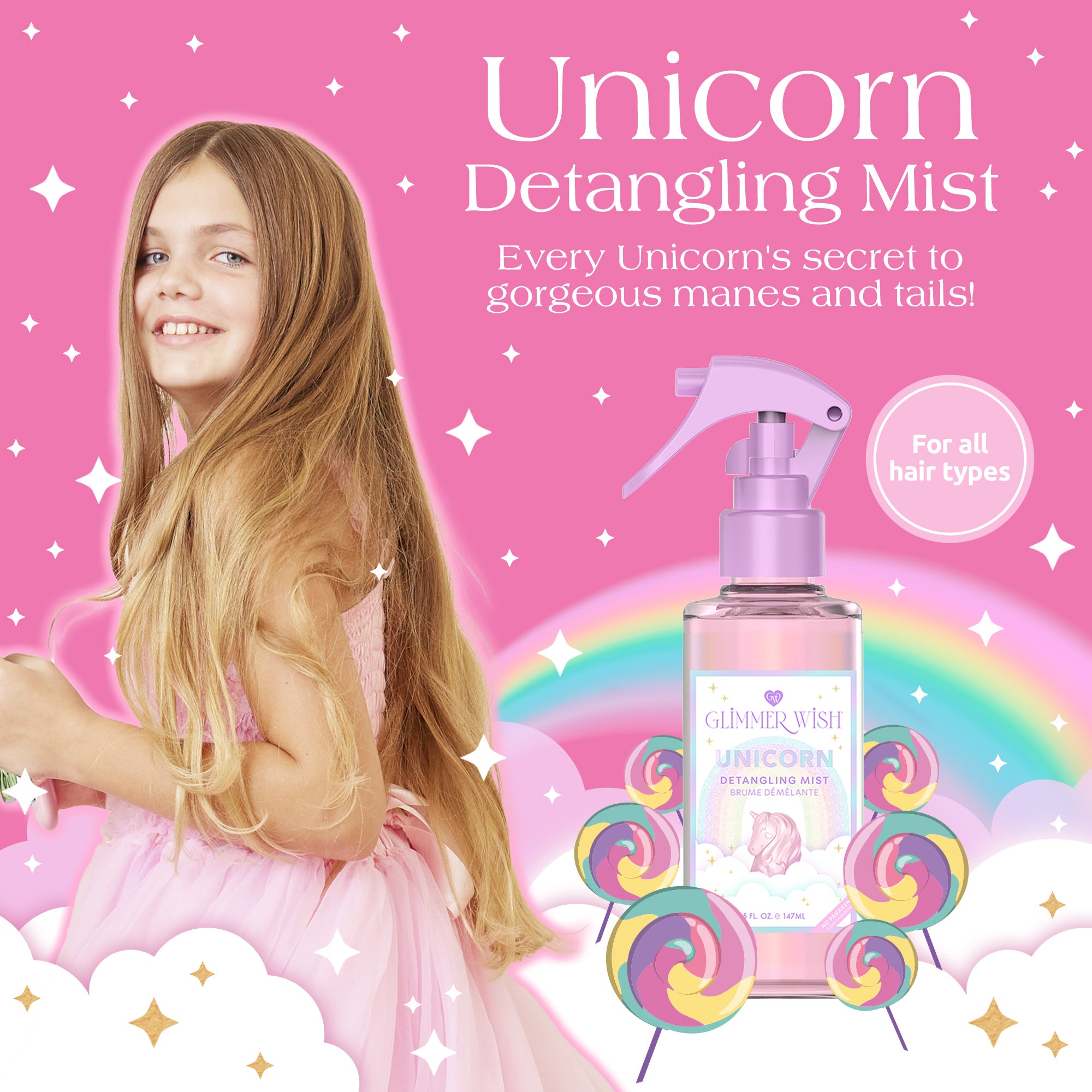 Infographic showing benefits of Unicorn Hair Detangling Mist