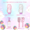 Unicorn-themed hair care products with steps for a hair routine on a colorful background.