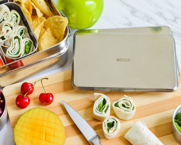 Ecozoi stainless steel ice packs placed inside a kids lunch box to keep food cold