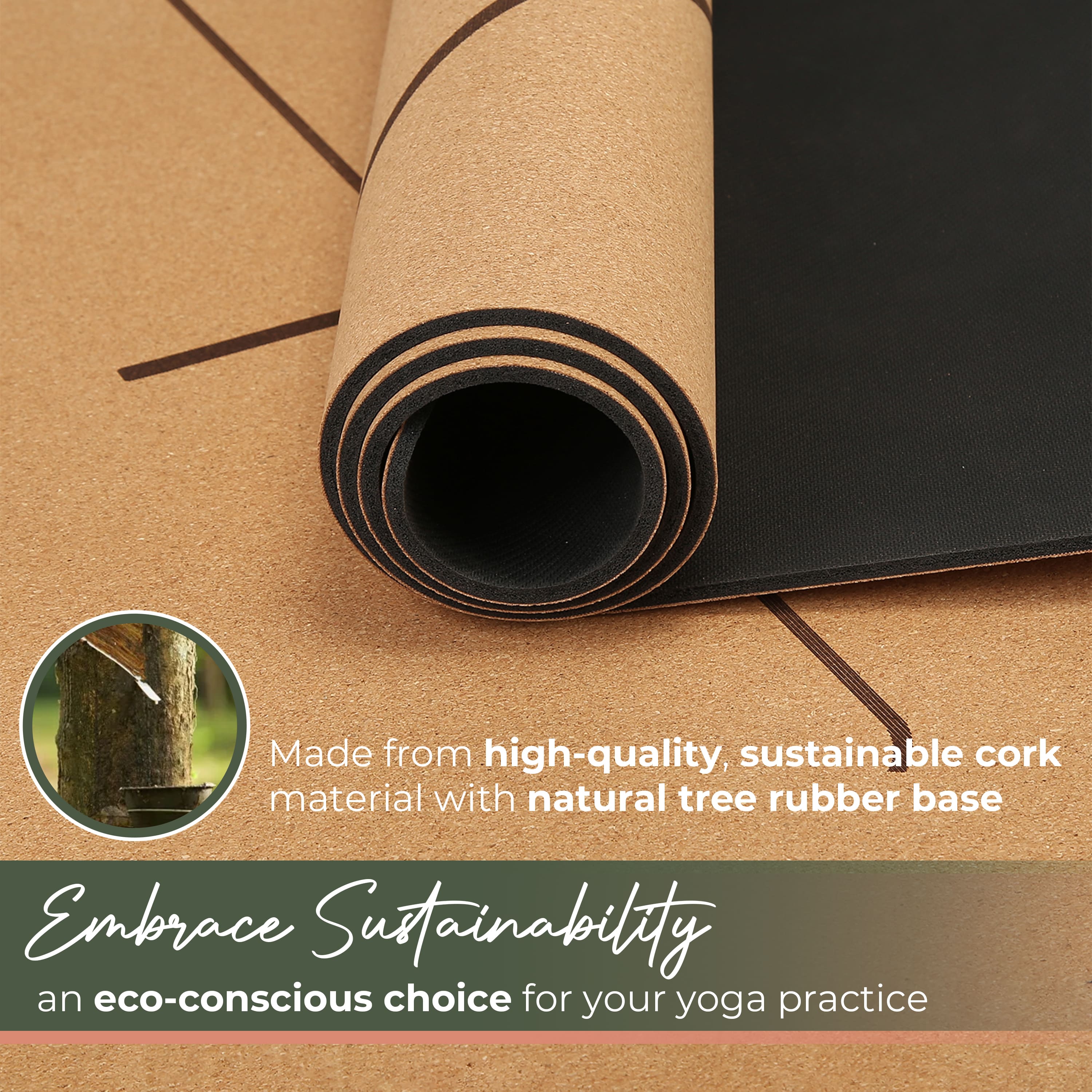 Rolling cork yoga mat with sustainability text and tree image