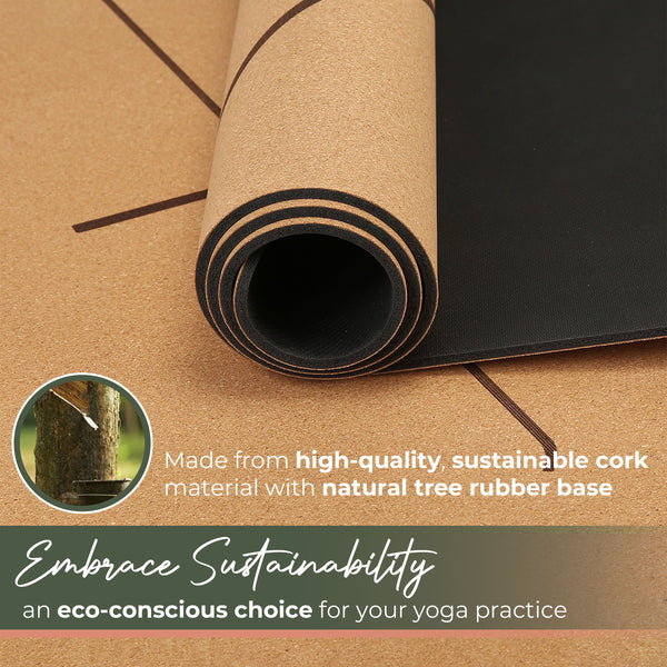 Rolling cork yoga mat with sustainability text and tree image