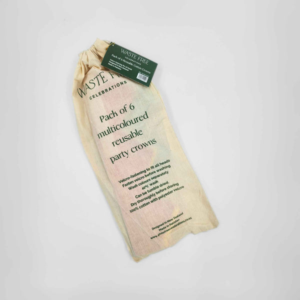 Pack of 6 multicoloured reusable party crowns with Waste Not Celebrations branding on a white background.