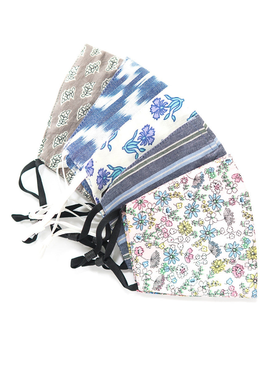 Five-pack of adjustable reusable cotton face masks in assorted patterns by Fair Anita