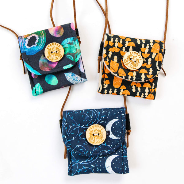 Handmade crystal bag for kids in mushroom fabric with wooden button and faux suede drawstring cord
