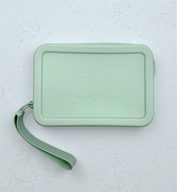 Mint green rectangular pouch with strap on a light gray background