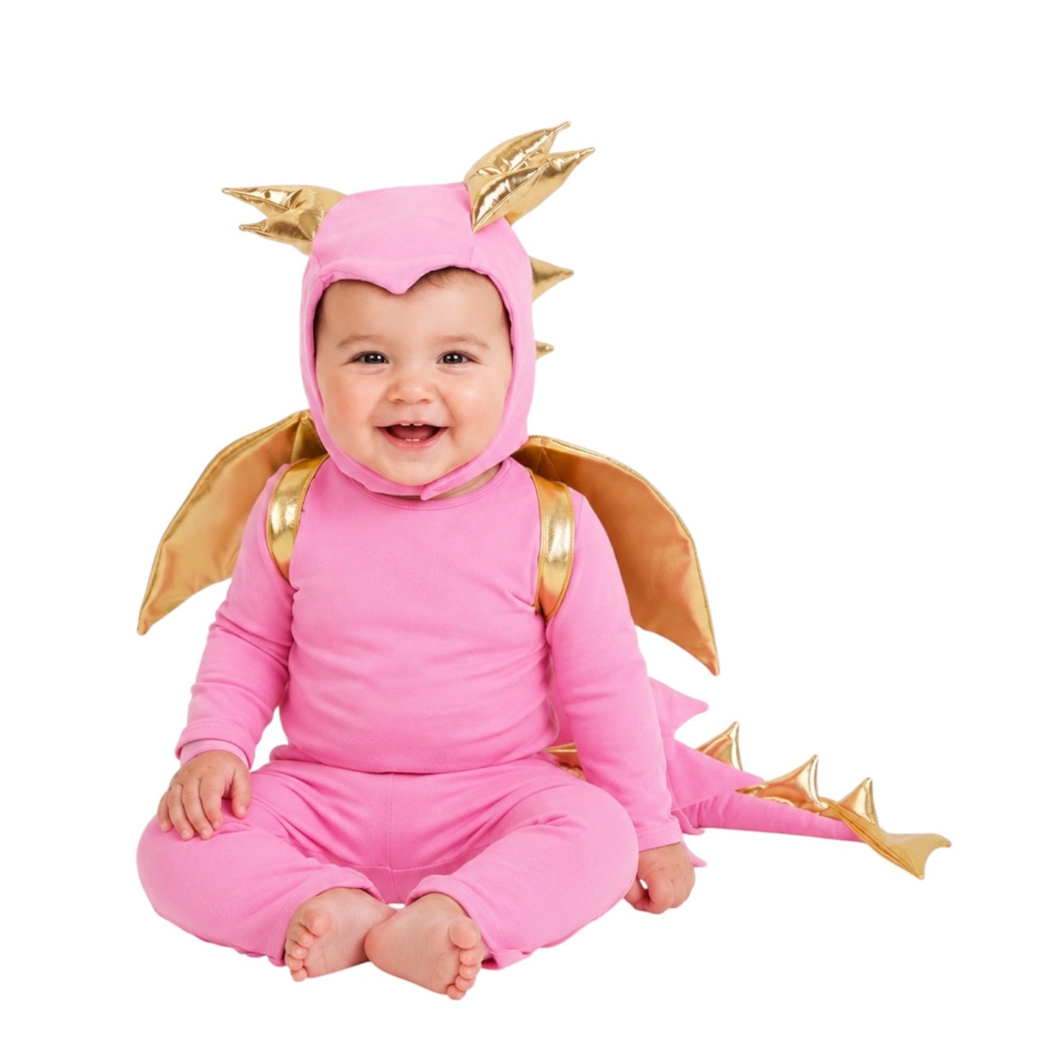 Pink Sky Dragon Pajama Costume with golden dragon wings for kids