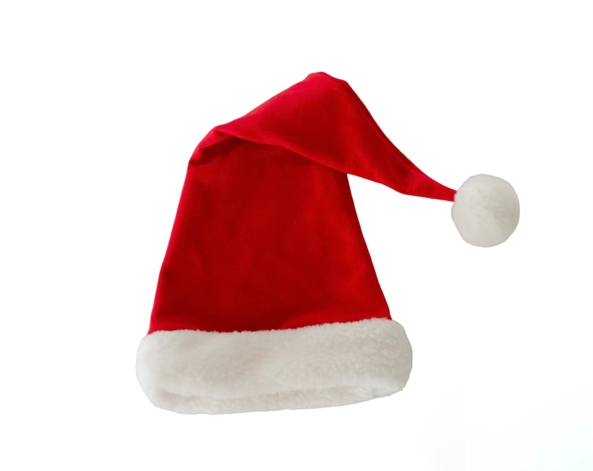 Red Santa hat with white trim on a white background