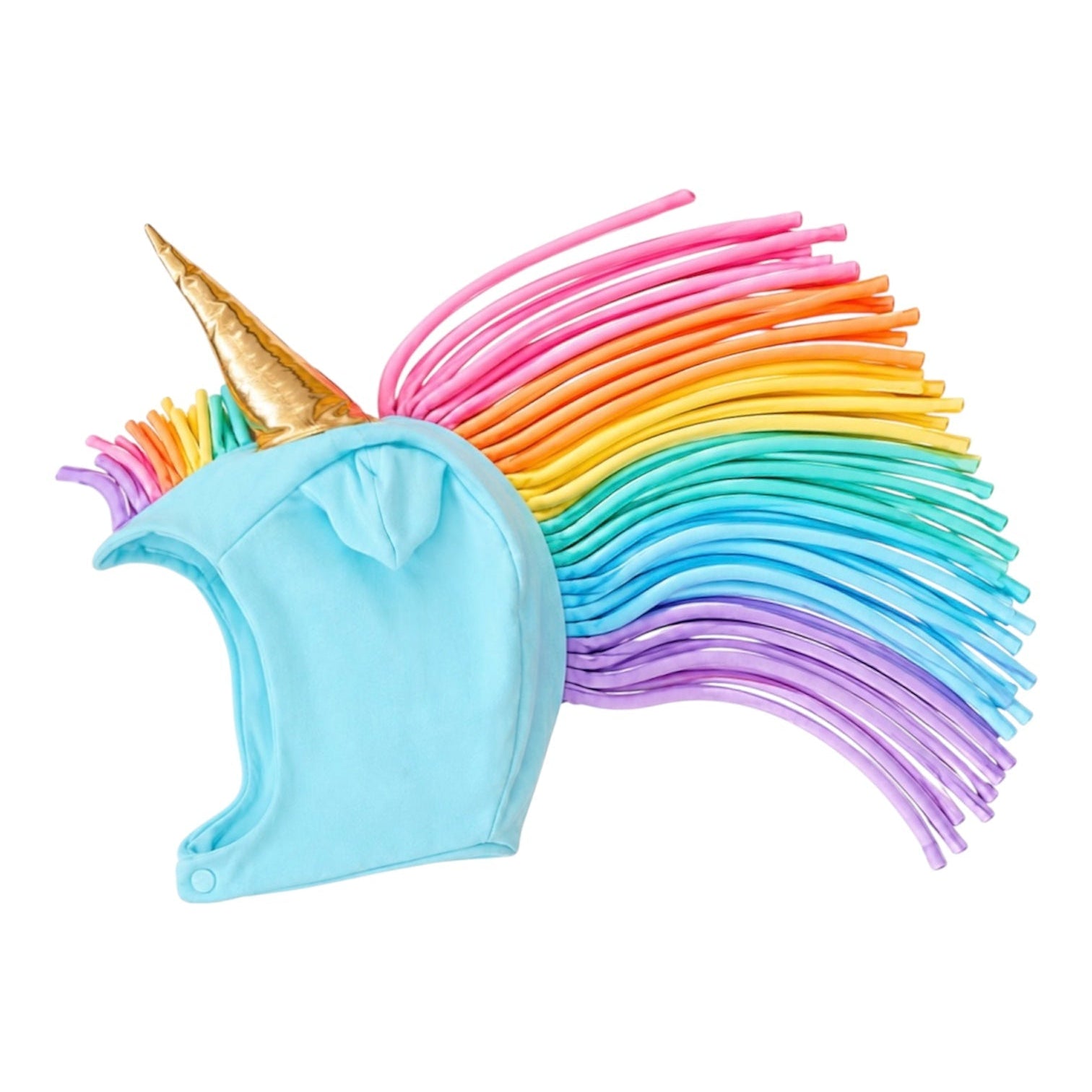 Blue unicorn hat with rainbow mane and golden horn, handmade in California from recycled cotton