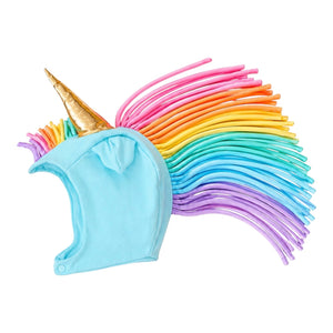 Blue unicorn hat with rainbow mane and golden horn, handmade in California from recycled cotton