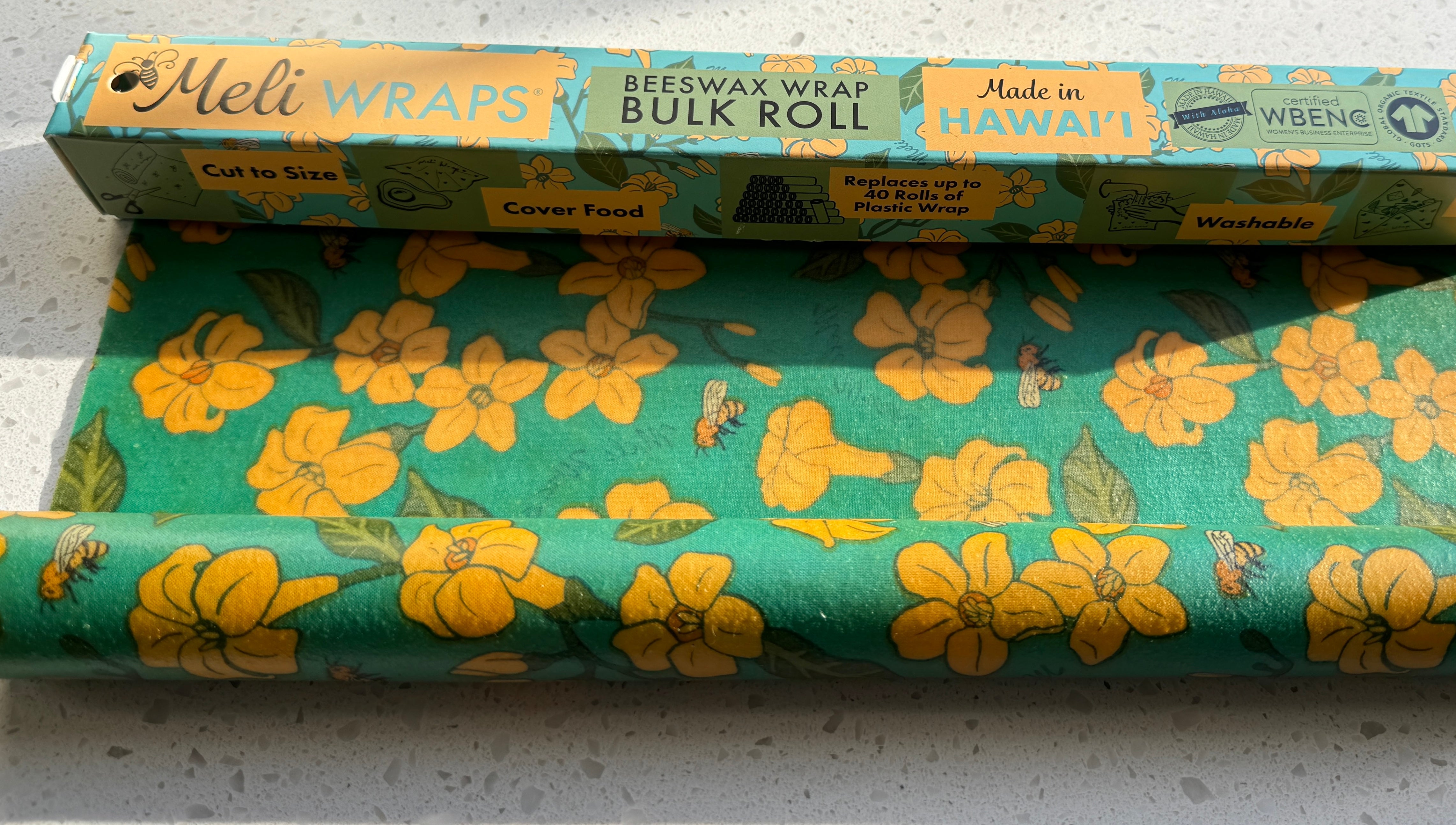 Beeswax Wrap Bulk Roll in Puakenikeni & Bee print by Meli Wraps