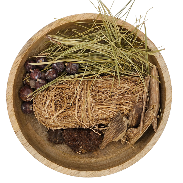 Ingredient label on Dark Forest incense sticks kraft box showing 100% plant-based contents