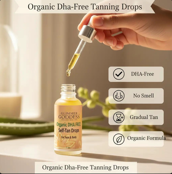 Glimmer Goddess Organic DHA-Free Tanning Drops hero image – clean self-tan for face and body