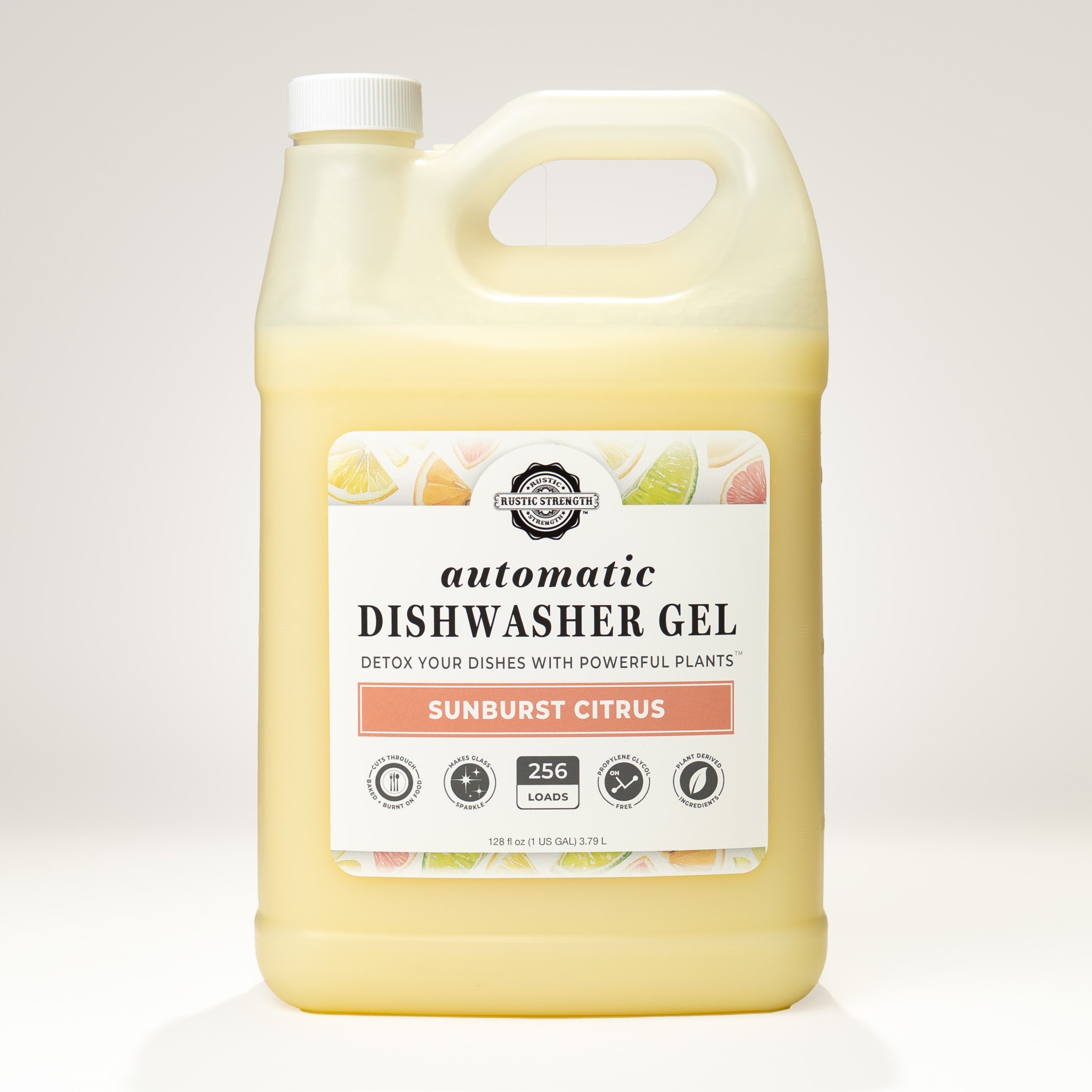 Large bottle of automatic dishwasher gel with a label on a white background. Sunburst Citrus Automatic Dishwasher Gel — Non-Toxic Plant-Based Dishwasher Detergent | Endocrine Disruptor-Free, PVA-Free & Made in the USA