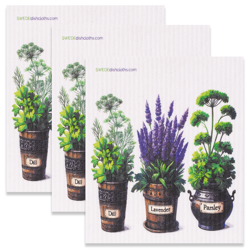 Eco-friendly Swedish dishcloths in Dill, Lavender and Parsley designs — set of 3 paper towel replacements