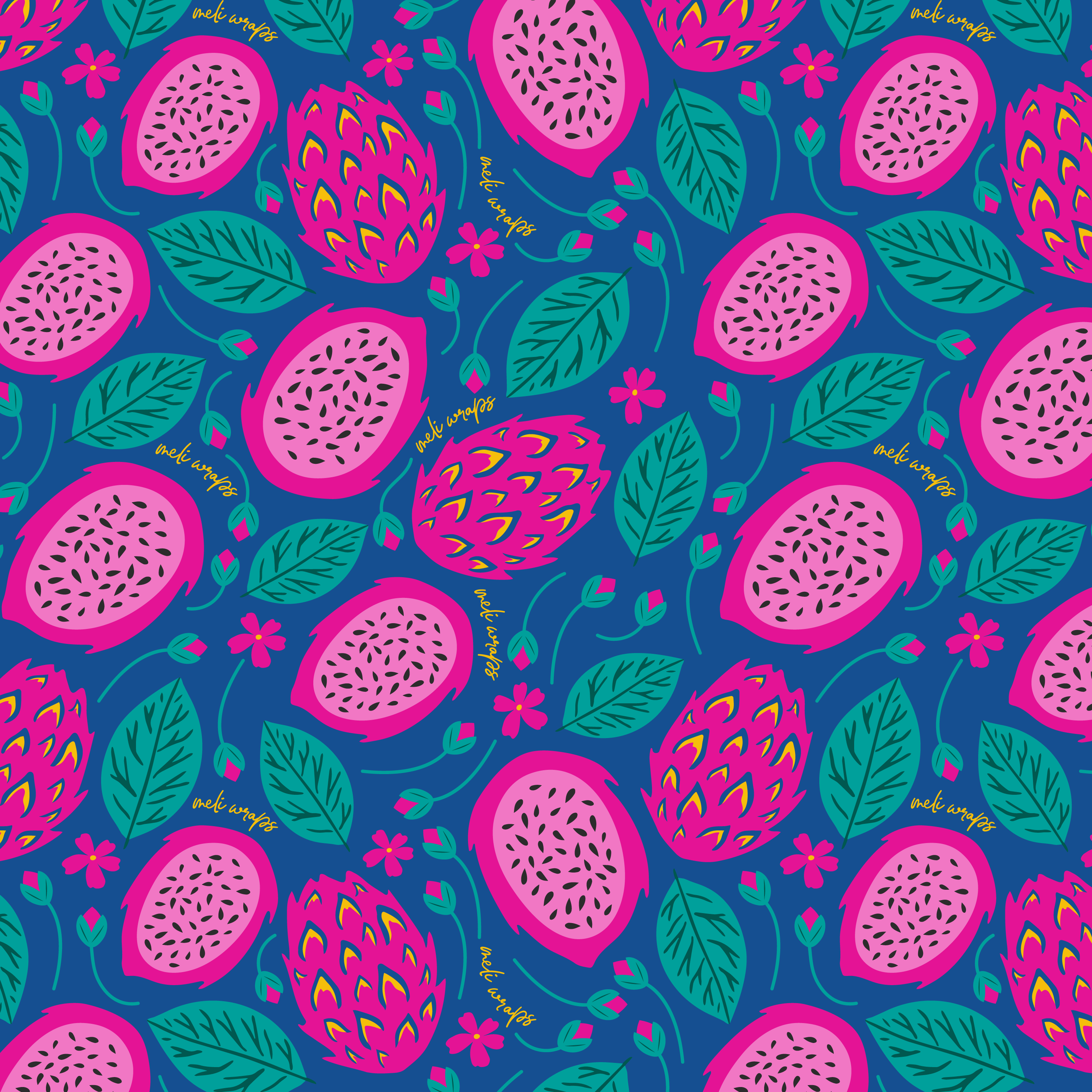 Pattern of pink dragon fruits and green leaves on a blue background