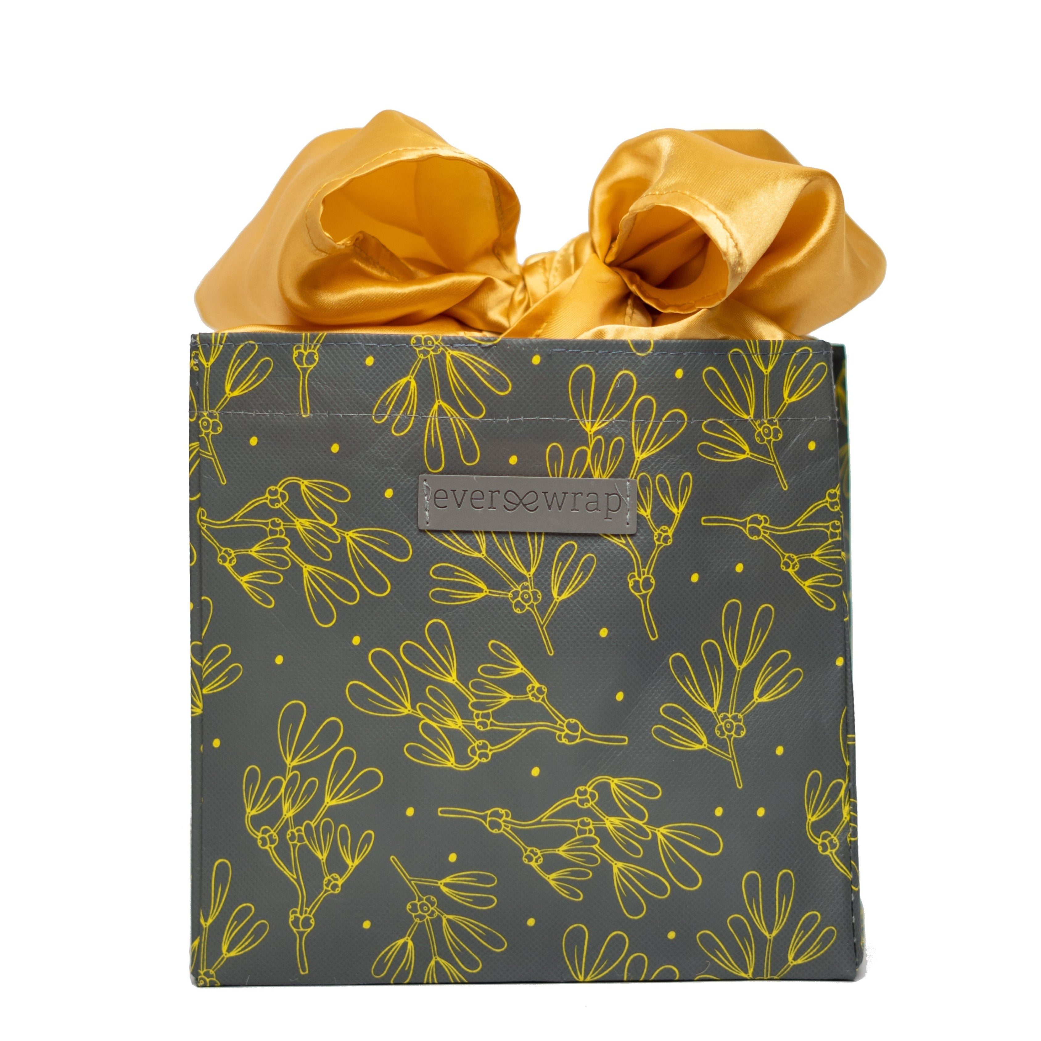 EverBag small reusable gift bag in grey and gold floral print with gold satin bow tied at top