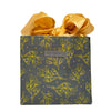 EverBag small reusable gift bag in grey and gold floral print with gold satin bow tied at top