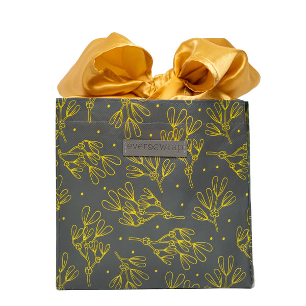 EverBag small reusable gift bag in grey and gold floral print with gold satin bow tied at top