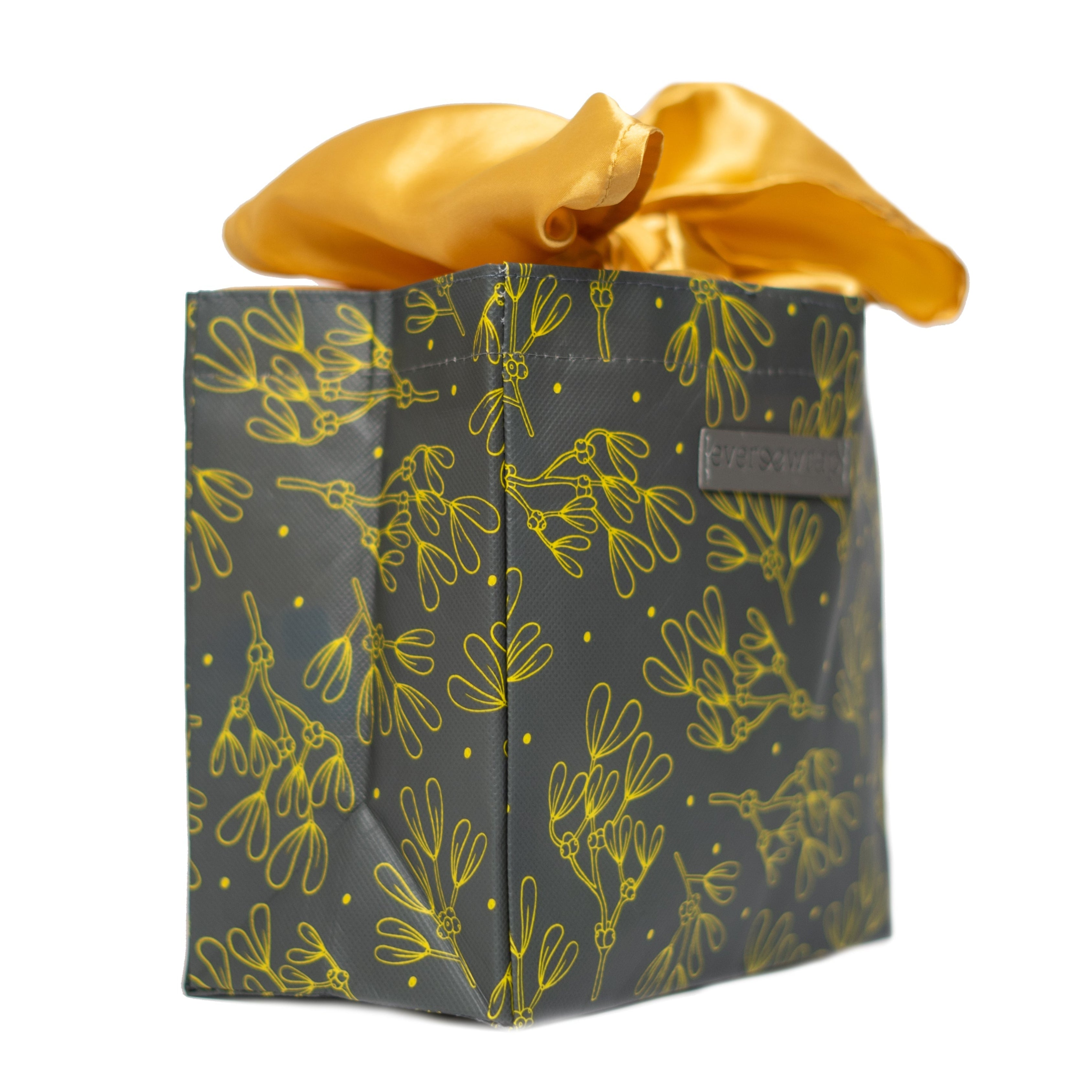 Close-up of grey and gold floral print EverBag with built-in gold satin ribbon bow