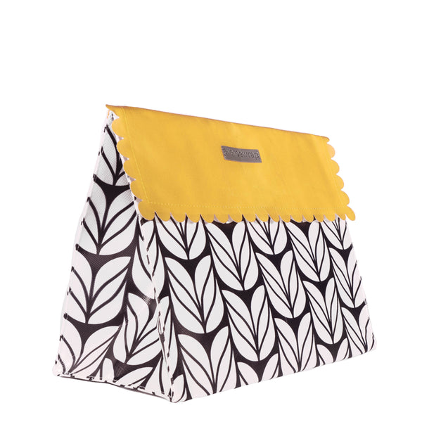 EverEnvelope medium eco-friendly gift bag closed with magnetic snap flap, black and marigold design