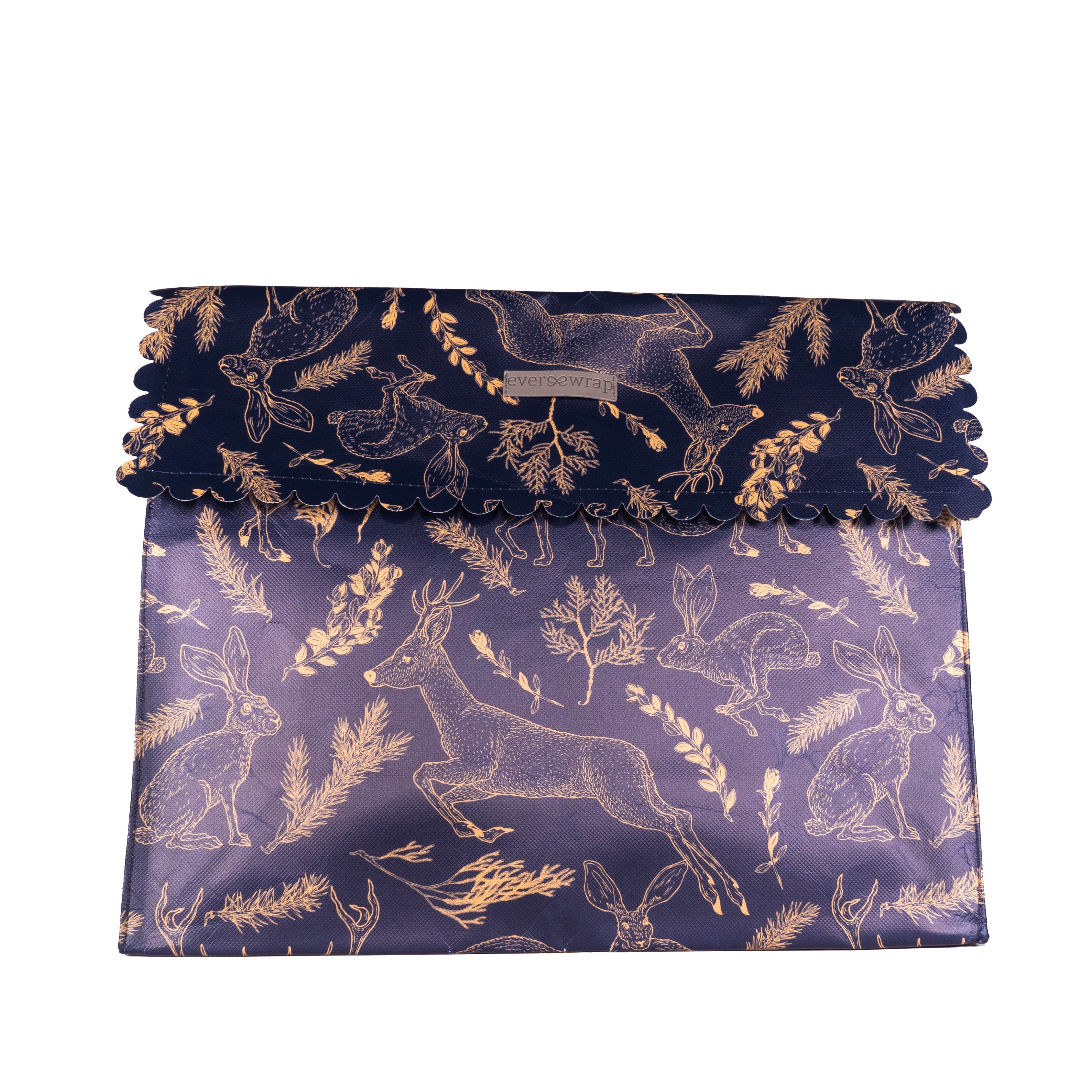 Large navy reusable gift bag with forest animals print and magnetic closure by EverWrap