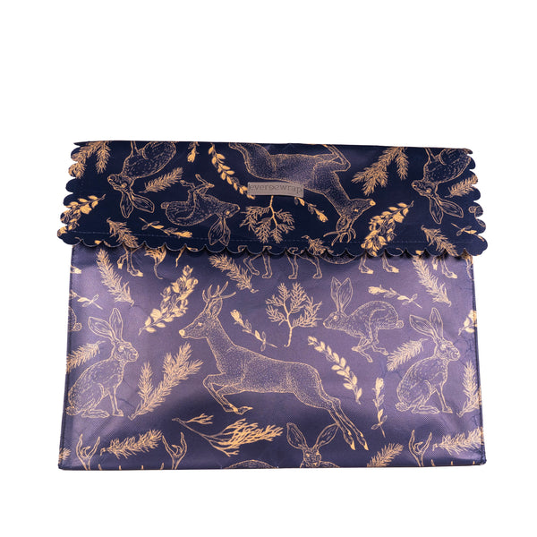 Large navy reusable gift bag with forest animals print and magnetic closure by EverWrap