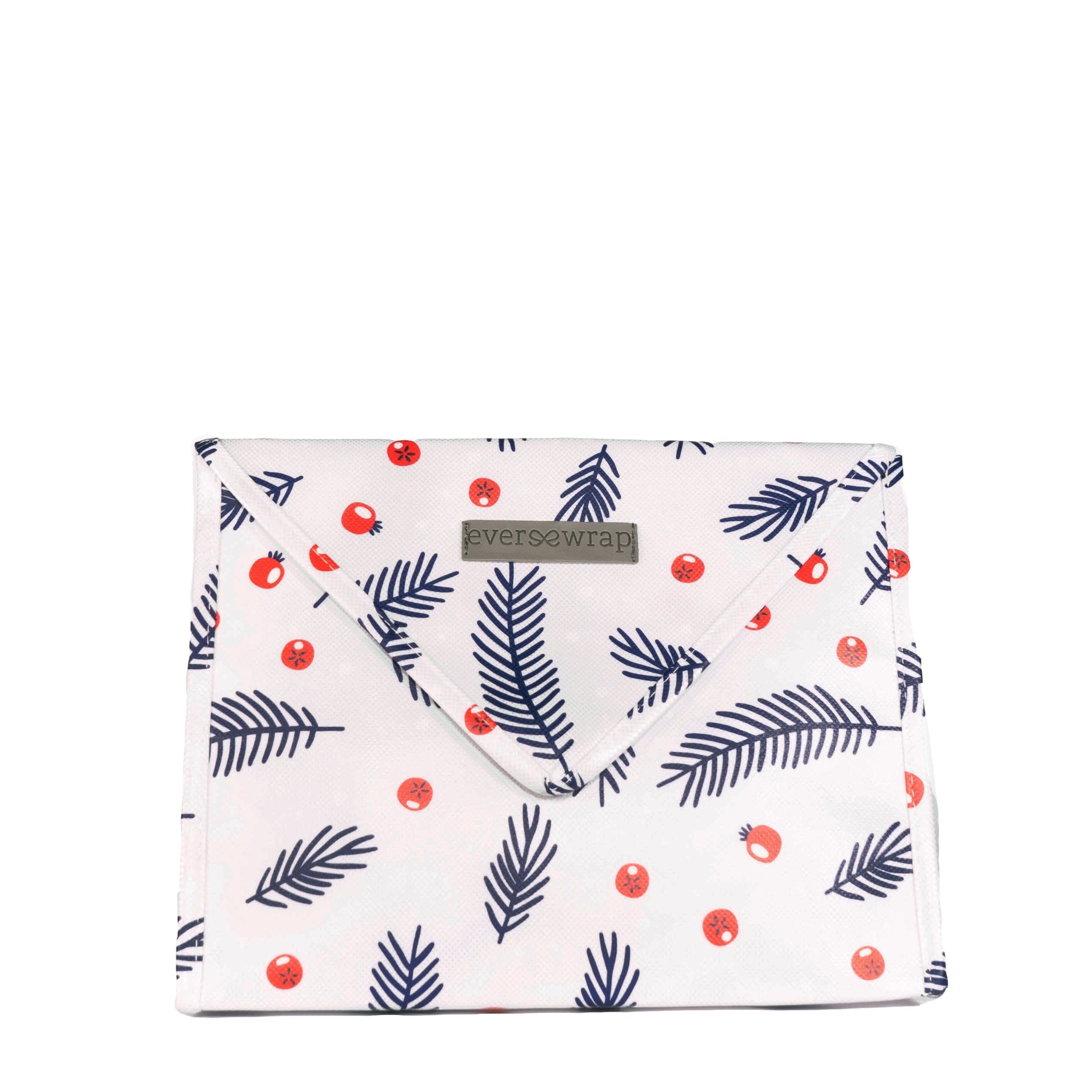 EverEnvelope small reusable gift bag in blue and red print with magnetic closure, closed and ready to gift