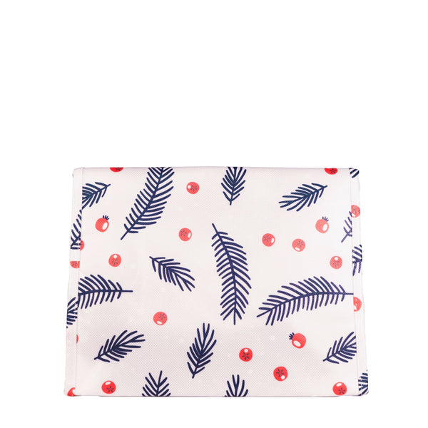 EverEnvelope reusable gift bag in blue and red print shown from the side, displaying dimensions and shape