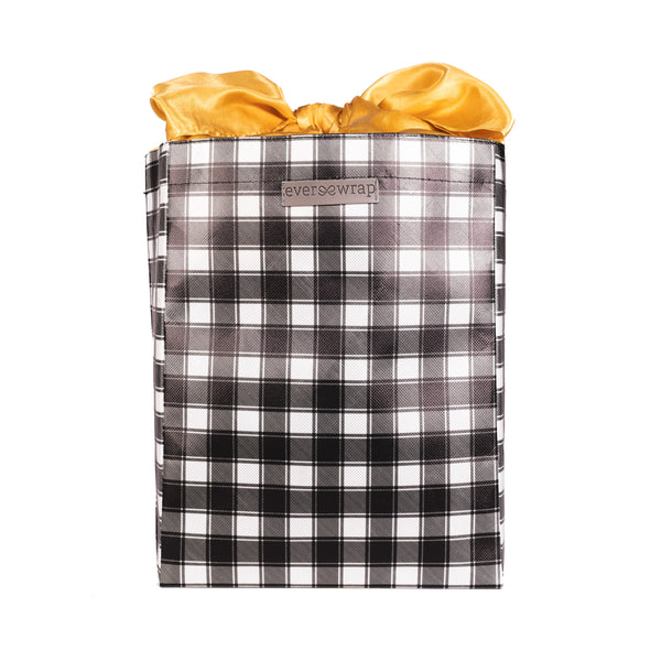 EverBag medium reusable gift bag in black and white buffalo check with gold satin bow
